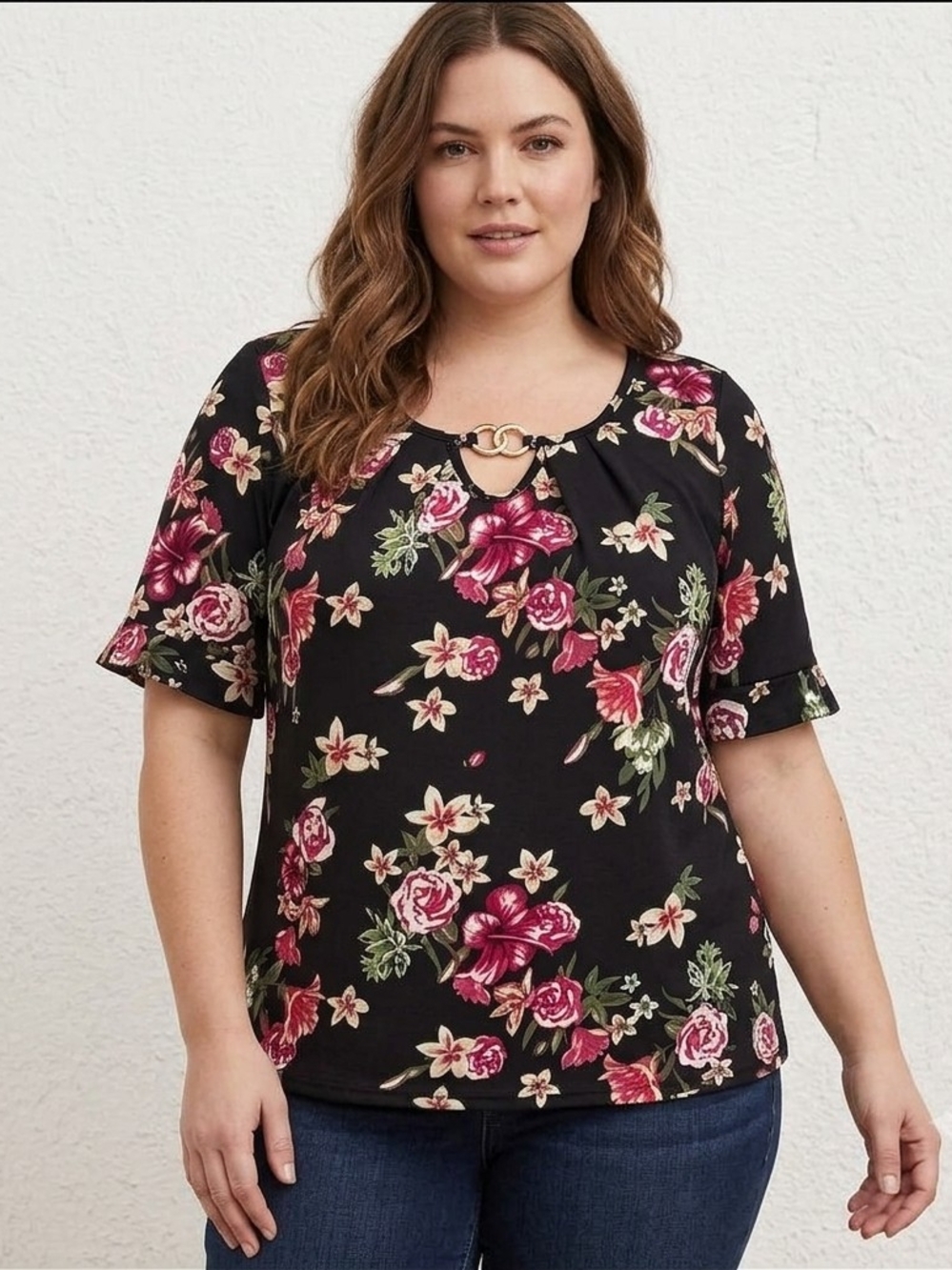 Emil Stacy Floral Keyhole Short Sleeve Top- Black/Pink Size L. WS 221